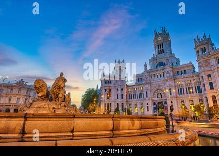 Madrid Spanien, sunrise city Skyline am Cibeles Brunnen Stadtplatz Stockfoto