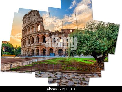 Italien, Rom - Sonnenuntergang hinter dem Kolosseum, dem berühmtesten römischen Wahrzeichen. Stockfoto