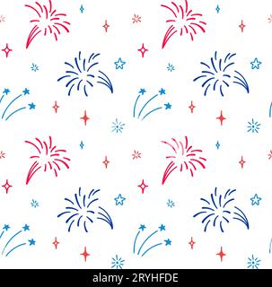 4. Juli USA Independence Day nahtloses Muster. Blaue, rote und weiße Farben der amerikanischen Flagge. 14. Juli Happy National Day of France Feuerwerk Stock Vektor