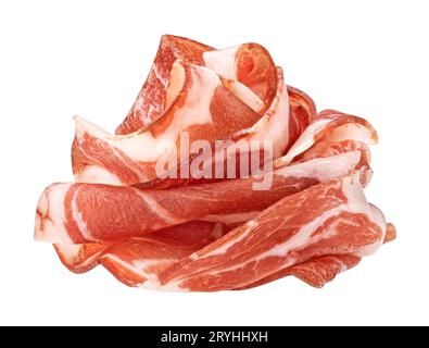 Speckstreifen, Rinderscheiben aus Schweinefleisch, isoliert auf weißem Hintergrund Stockfoto