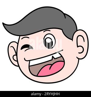 Schwarz behaarter gutaussehender Boykopf mit einem glücklichen Lächeln, Vektorillustration Karton Emoticon. Zeichnung mit Doodle-Symbol Stockfoto