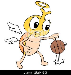 Ein Kakerlaken-Insekt mit einem glücklichen Gesicht, das Basketball spielt, Vektor-Illustration. Doodle-Icon-Bild Kawaii. Stockfoto