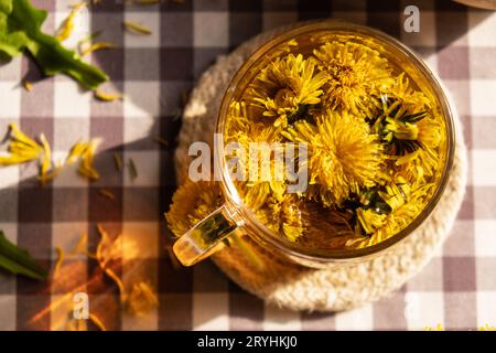 Löwenzahnblüte gesunder Tee im Glasbecher auf dem Tisch. Kräutermedizin köstlicher Tisane-Tee mit frischem gelben Blütendandelio Stockfoto