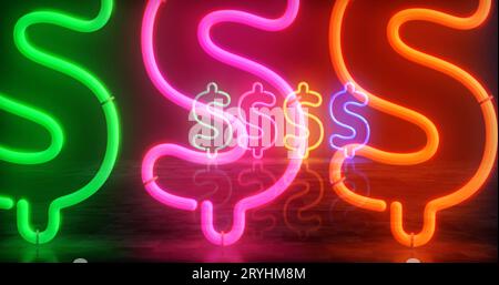 Dollarneonsymbol. USD Money Success helle Farblampen. Abstraktes Konzept 3D-Illustration. Stockfoto