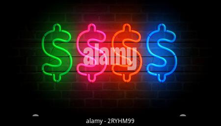 Dollarneonsymbol. USD Money Success helle Farblampen. Abstraktes Konzept 3D-Illustration. Stockfoto