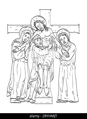 Jesus vom Kreuz mit Maria Johannes dem Apostel und Joseph von Arimathäa Line Art Zeichnung Stockfoto