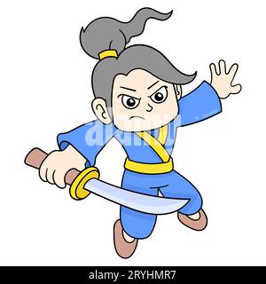 Ninja trägt ein scharfes Schwert bereit zum Kampf, Vektor Illustration Kunst Doodle Icon Bild kawaii. Stockfoto