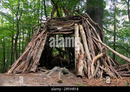 Ein Zelt aus Ästen, das im Wald gebaut wurde. Deutschland Stockfoto