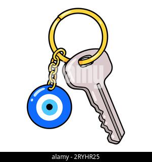 Türkisches Evil-Eye-Amulett. Blaues Glasauge-Charm am Schlüsselanhänger mit Hausschlüssel. Zeichentrickzeichnung, isolierte Vektorclip-Illustration. Stock Vektor