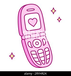 Rosafarbene Retro-Flip-Phone-Zeichentrickzeichnung, einfache und niedliche handgezeichnete Vektorillustration. Y2K ästhetisches Nostalgiekodel. Stock Vektor
