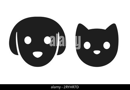 Symbol für Katze und Hundekopf. Einfaches, stilisiertes Tiergesicht-Piktogramm, schwarze Silhouette mit Augen und Nase. Vektorillustrationssatz. Stock Vektor