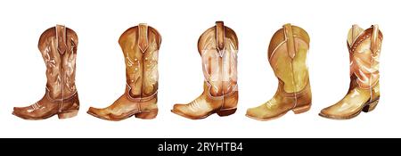 Cowboystiefel in Wasserfarben. Farmhouse rastic Clipart. Wils West-Illustration. Stockfoto