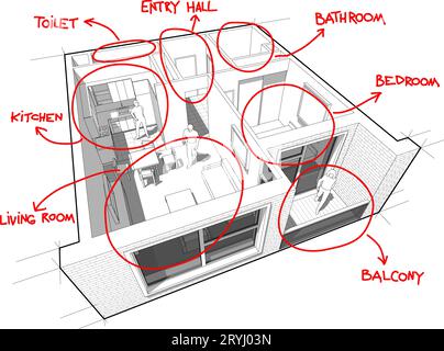 Apartmentdiagramm mit handgezeichneten Notizen Stockfoto