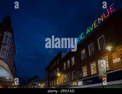Brixton, London, Großbritannien: Electric Avenue in Brixton bei Nacht. Von der Brixton Road mit dem farbenfrohen Neonschild Electric Avenue aus gesehen. Stockfoto