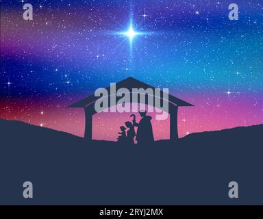 Star of Bethlehem oder der Weihnachtsstern. Silhouetten der Familie Jesu Christi. Farbenfroher Himmel Stockfoto