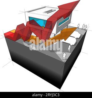Diagramm des modernen Hauses oder der Villa aÂ mit aufsteigenden Geschäftspfeilen Stockfoto