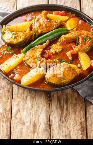 Indische Küche Bengali Fisch Curry Macher Jhol Nahaufnahme auf dem Teller auf dem Holztisch. Vertikal Stockfoto