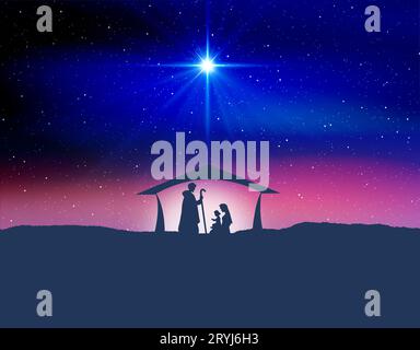 Star of Bethlehem oder der Weihnachtsstern. Silhouetten der Familie Jesu Christi. Farbenfroher Himmel Stockfoto