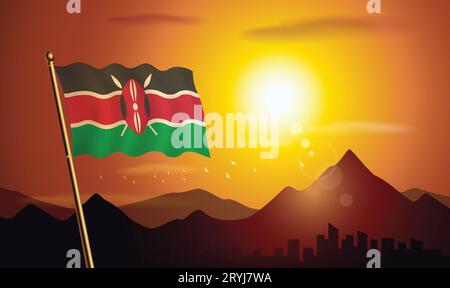 Kenianische Flagge mit Sonnenuntergang Hintergrund von Bergen und Seen Stock Vektor