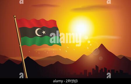 Flagge des Königreichs Libyen mit Sonnenuntergang Hintergrund von Bergen und Seen Stock Vektor