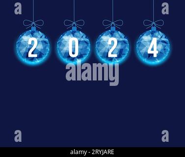 Polygonale Weihnachtskugeln mit 2024 auf dunkelblauem Hintergrund Stockfoto
