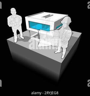 3D-Illustration eines modernen Hauses oder einer funktionalistischen Villa und eines Architekten mit glücklichem Mann, der in fr Stockfoto