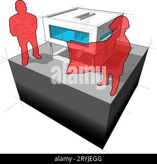 3D-Illustration eines modernen Hauses oder einer funktionalistischen Villa und eines Architekten mit glücklichem Mann, der in fr Stockfoto