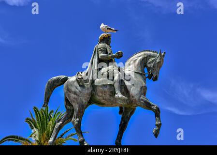 Vogel landete auf der 1865 eingeweihten Reiterstatue Napoleons I. im Denkmal für Napoleon und seine Brüder in Ajaccio, Korsika, Frankreich Stockfoto