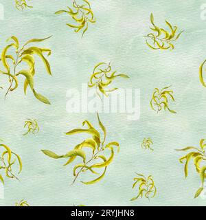 Nahtlose Verzierung mit Algen auf sanftem grünem Hintergrund. Gelbalgen. Handbemalte Aquarellillustration mit frischen Seetang. Unterwassergras. Stockfoto