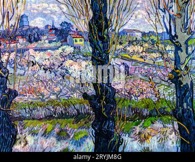 Vincent van Goghs Blick auf Arles, blühende Obstgärten berühmte Landschaftsmalerei. Stockfoto