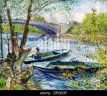 Angeln im Frühling, Pont de Clichy (Asni&egrave;res) (1887) von Vincent Van Gogh. Stockfoto