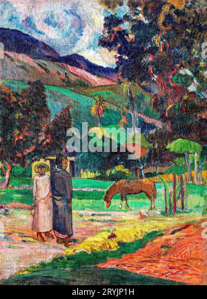 Tahitian Landscape (1892) von Paul Gauguin. Stockfoto