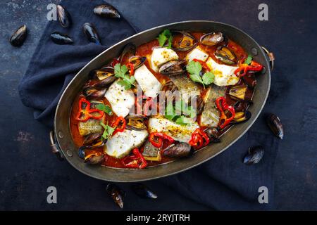 Traditionelle französische Meeresfrüchte-Bouillabaisse mit Kabeljau und Muscheln in Rotwein-Tomatensauce serviert als Blick von oben in einem rustikalen Coppe Stockfoto