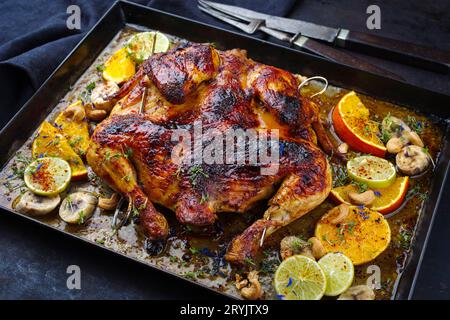 Traditionelles Barbecue mit Hähnchen al Mattone Chili mit Orangen Stockfoto