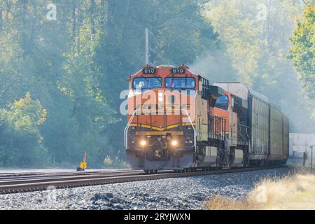 Skykomish, WA, USA – 29. September 2023; BNSF-Güterzug an trübem, beleuchtetem Herbsttag bei Sonnenschein mit Motorabgasen Stockfoto