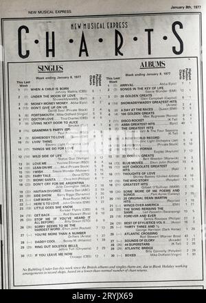 Pop Charts in der 1970er-Ausgabe des NME New Musical Express Music Paper Stockfoto