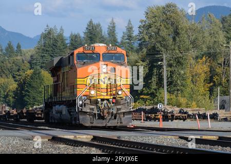 Skykomish, WA, USA – 29. September 2023; BNSF-Güterzug, der im frühen Herbst an Skykomish-Bahnübergang vorbeifährt Stockfoto