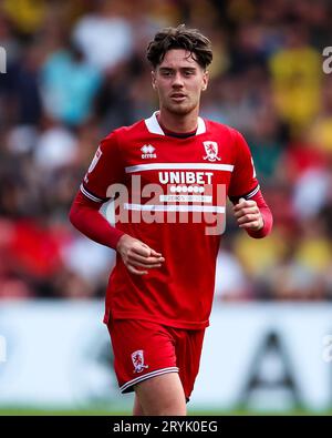 Middlesbrough's Hayden Hackney während des Sky Bet Championship Matches in der Vicarage Road, Watford. Bilddatum: Samstag, 30. September 2023. Stockfoto