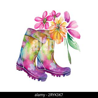 Farbige Gummistiefel. Gummistiefel Herbstkonzept. Aquarellabbildung Stockfoto