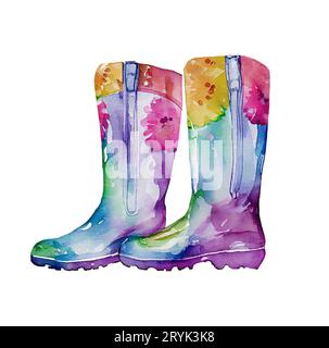 Farbige Gummistiefel. Gummistiefel Herbstkonzept. Aquarellabbildung Stockfoto