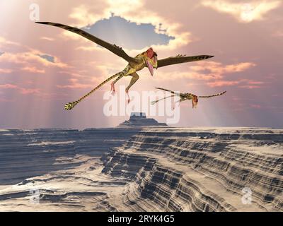 Pterosaur Peteinosaurus fliegen über eine Canyon-Landschaft Stockfoto