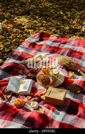 Picknick im Herbstwald. Bunte Blätter, Karos, Kaffee und Croissants, Kürbisse Stockfoto