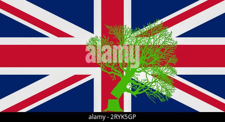 Gestohlener Platanenbaum auf britischer Flagge. Sycamore Gap, politische Parteien, grüne Politik, Vandalismus... Konzept Stockfoto