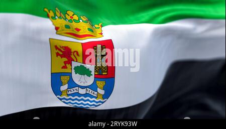 Detail der Extremadura-Flagge, die im Wind winkt Stockfoto