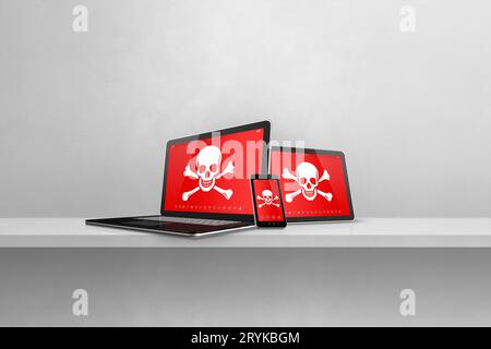 Laptop, Tablet-pc und Smartphone in einem Regal mit Piratensymbolen auf dem Bildschirm. Hacking und Virenkonzept Stockfoto