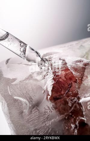Pipettieren Sie auf ein großes Stück Eis mit gefrorenen Blüten. Stockfoto