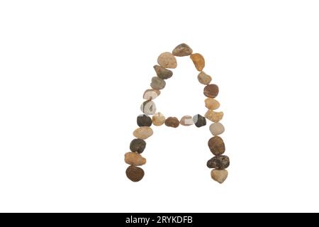 Eine handgefertigte Schriftart mit Steinen, Zeichen der Natur, Stärke, Stabilität und Langlebigkeit. Aufmerksamkeit, die zufällige Muster, Linien, Formen, weißen Hintergrund aufträgt Stockfoto