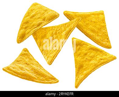 Mais-Chips, mexikanische Nachos isoliert auf weißem Hintergrund Stockfoto