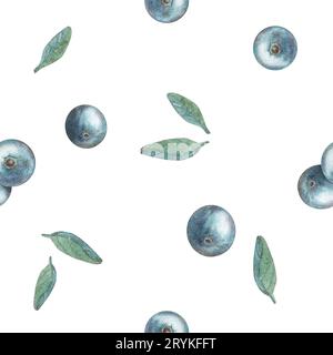 Nahtloses Aquarellmuster in rotem Plan mit blauen Blaubeeren und grünen Blättern auf weißem Hintergrund, im Vintage-Stil. Abbildung. Vorlage für Stockfoto