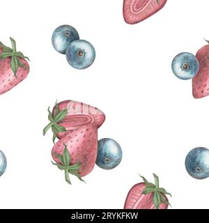 Nahtloses Close-up-Muster mit rosa Erdbeeren und blauen Blaubeeren auf weißem Hintergrund im Vintage-Stil. Abbildung. Vorlage für Stockfoto